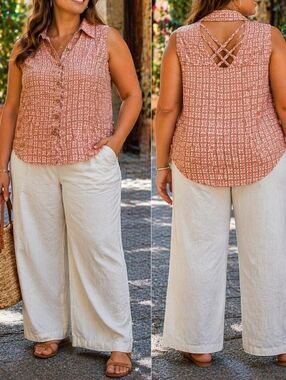 Zac & Rachel Sleeveless Button-Down Blouse Coral Geometric Print Crisscross Back